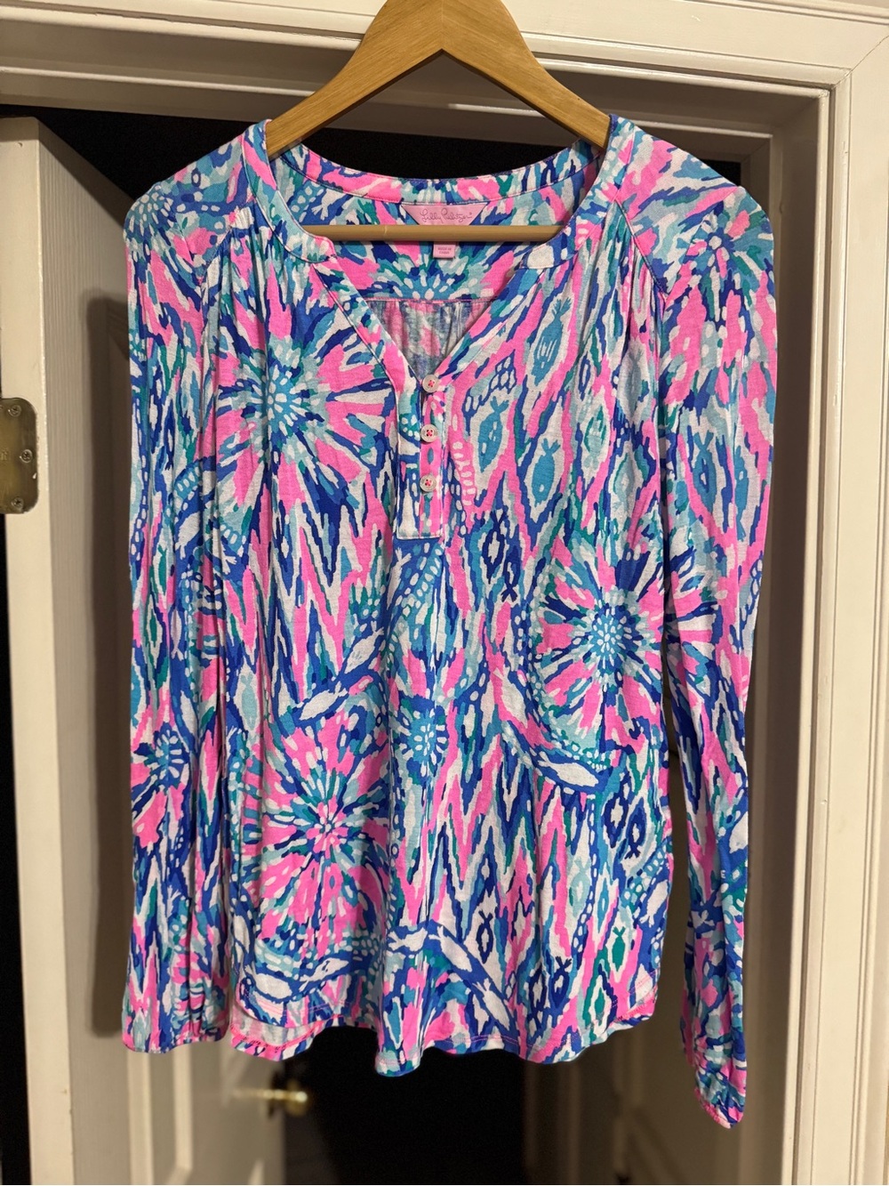 Lilly Pulitzer Pink & Blue Floral Ikat Henley Long-Sleeve Top